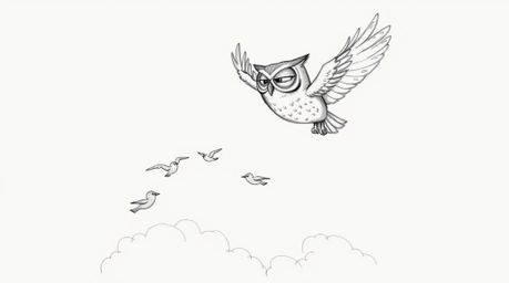 A hand-drawn sketch in Pixar style depicts a blind owl with textured pencil strokes, teaching small birds how to fly against 