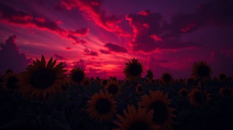 A captivating close-up image depicts a surreal sunflower field bathed in the deep red and purple hues of a fantastical sunset