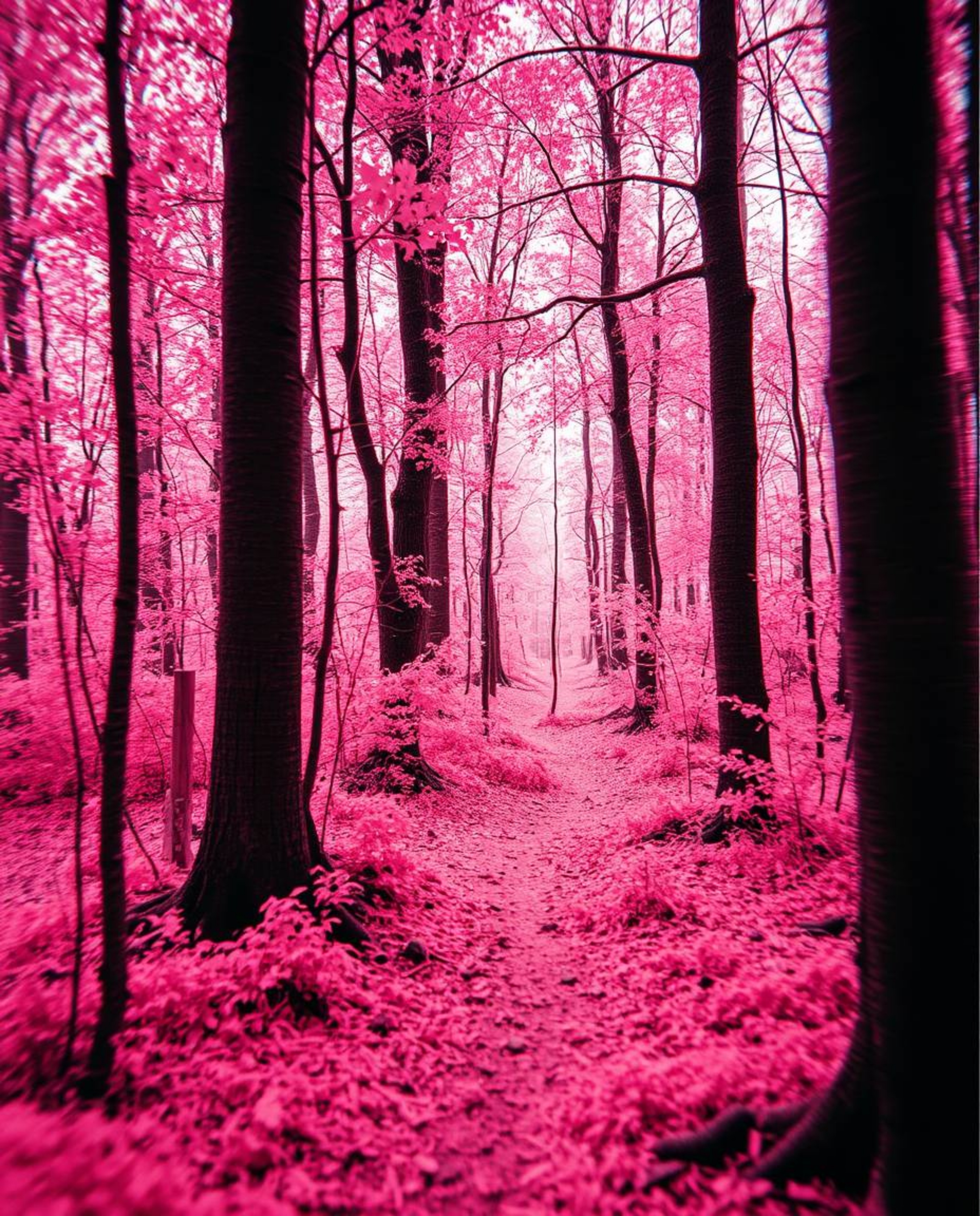 This image is an extreme macro digital photograph of a forest scene, heavily manipulated with digital glitches and rendered i