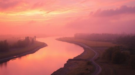 A captivating image of a winding river glowing under a dramatic orange-pink sunset. The scene evokes a soft, dreamy atmospher