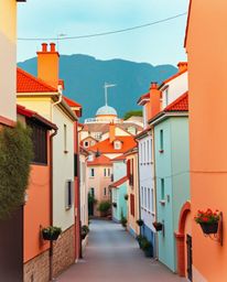 Discover a charming watercolor illustration of a sleepy town, featuring pastel-colored houses bathed in the warm glow of gold