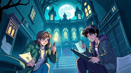 An illustration depicting a group of teenagers immersed in solving mysteries within a haunted mansion, rendered in cool and a