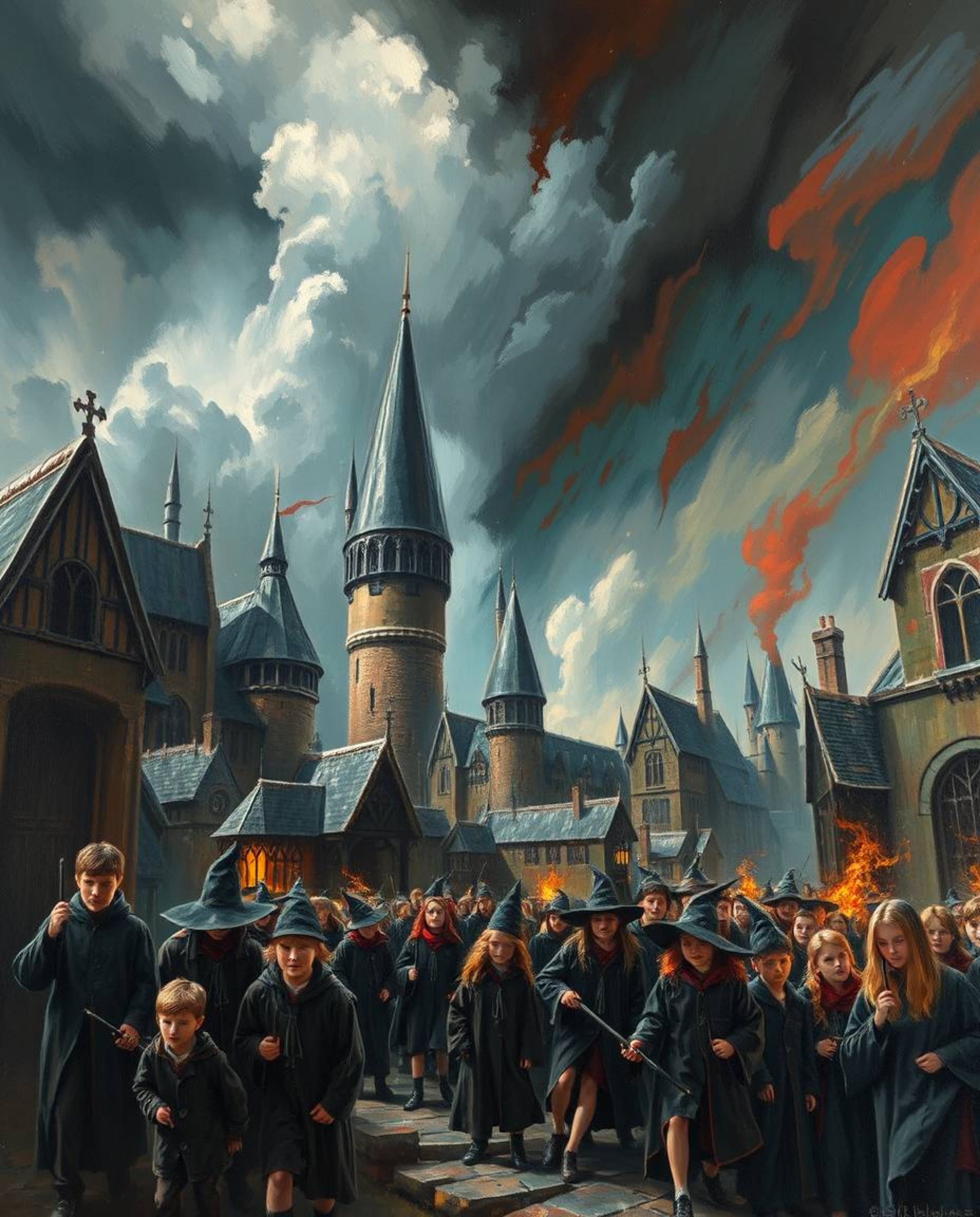 Immerse yourself in a magical school brimming with young wizards, captured in a classic oil painting style. Experience intens