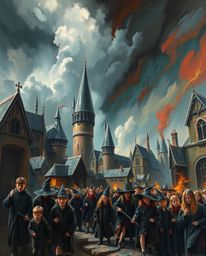 Immerse yourself in a magical school brimming with young wizards, captured in a classic oil painting style. Experience intens