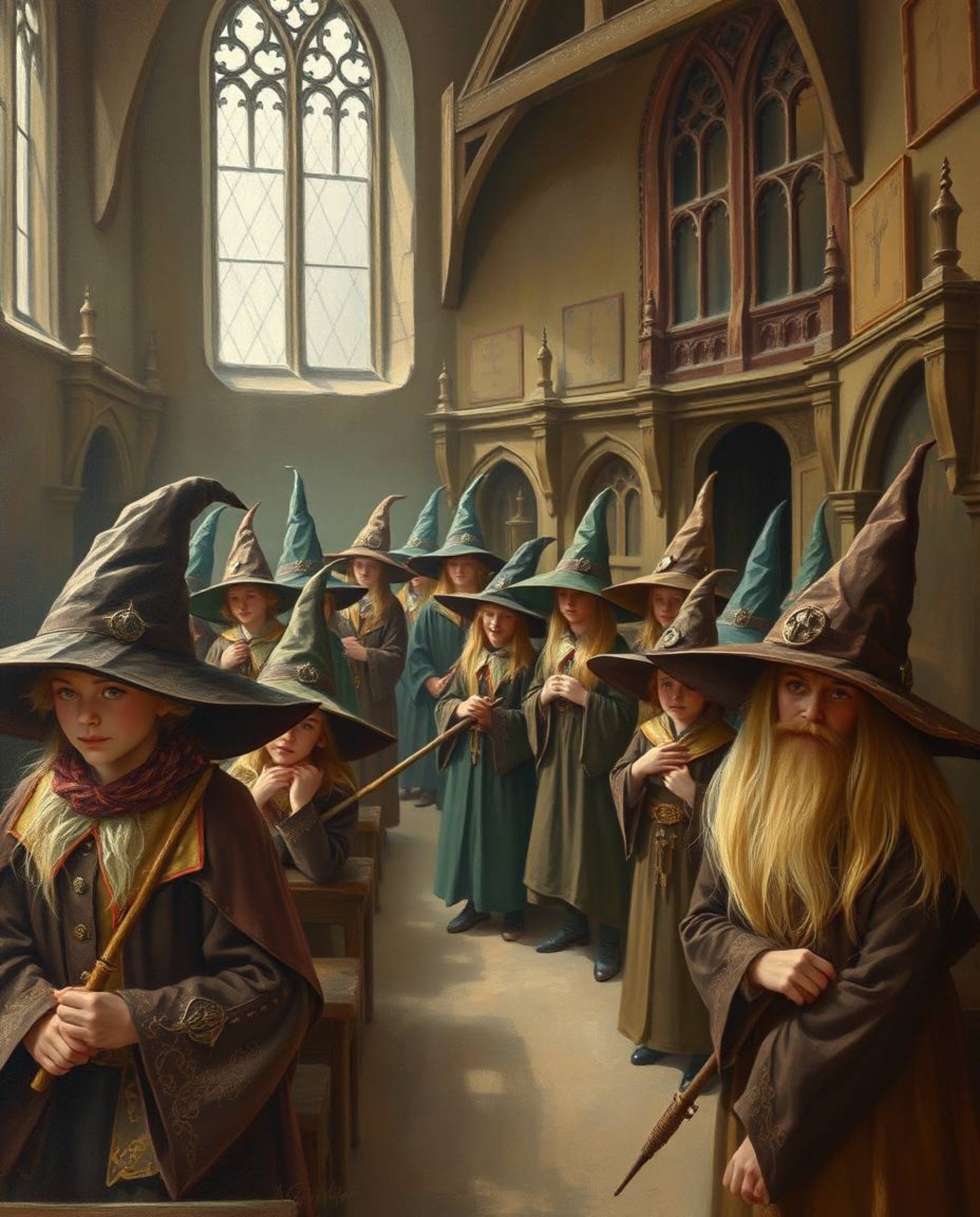 Immerse yourself in a magical school teeming with young wizards, beautifully rendered in a classic oil painting style. The ar