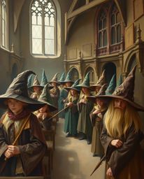 Immerse yourself in a magical school teeming with young wizards, beautifully rendered in a classic oil painting style. The ar