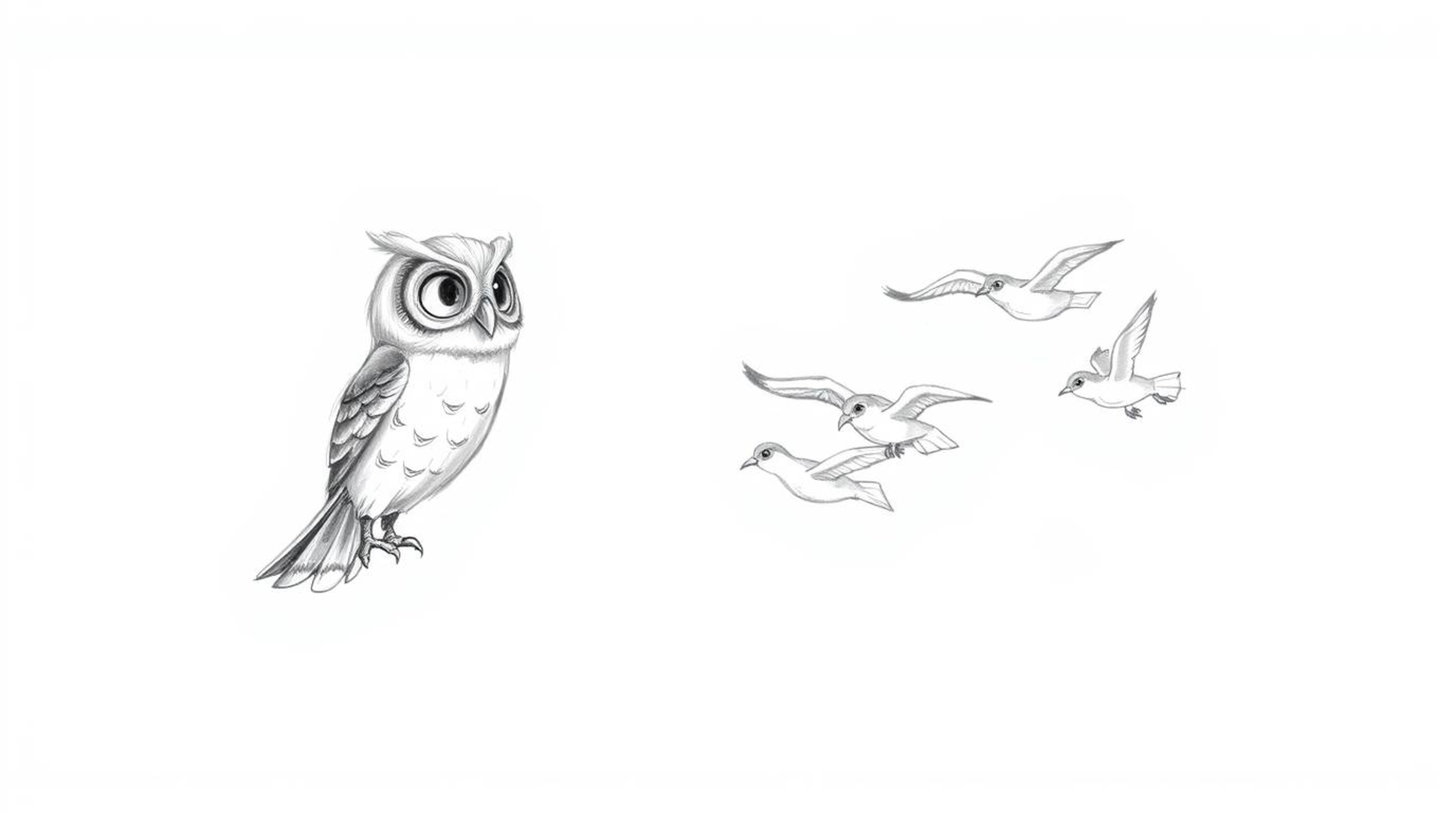 A textured pencil sketch inspired by Pixar, depicting a blind owl gently guiding a group of birds in a synchronized and harmo