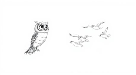A textured pencil sketch inspired by Pixar, depicting a blind owl gently guiding a group of birds in a synchronized and harmo