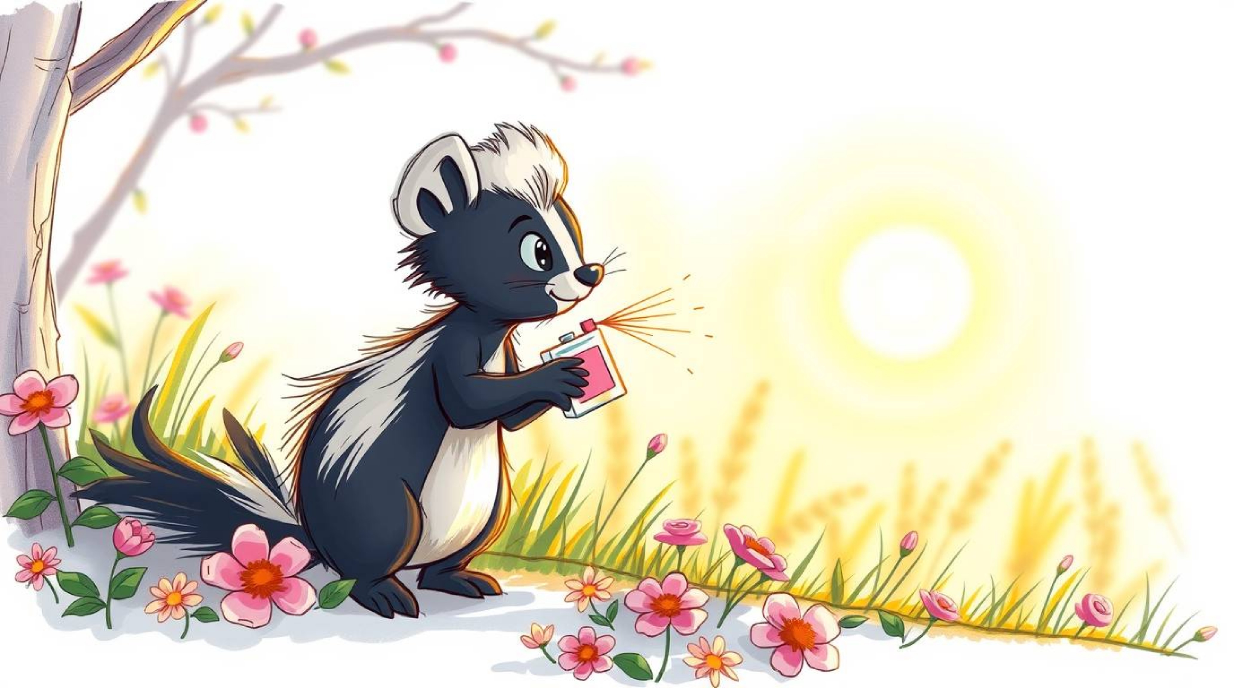 A charming hand-drawn sketchnote style illustration showcases a cartoon skunk playfully spraying perfume onto flowers. The sc