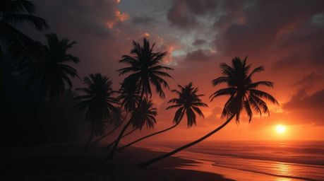 Experience a creepy tropical beach sunset rendered with volumetric lighting, showcasing swaying palm trees and a dark, eerie 
