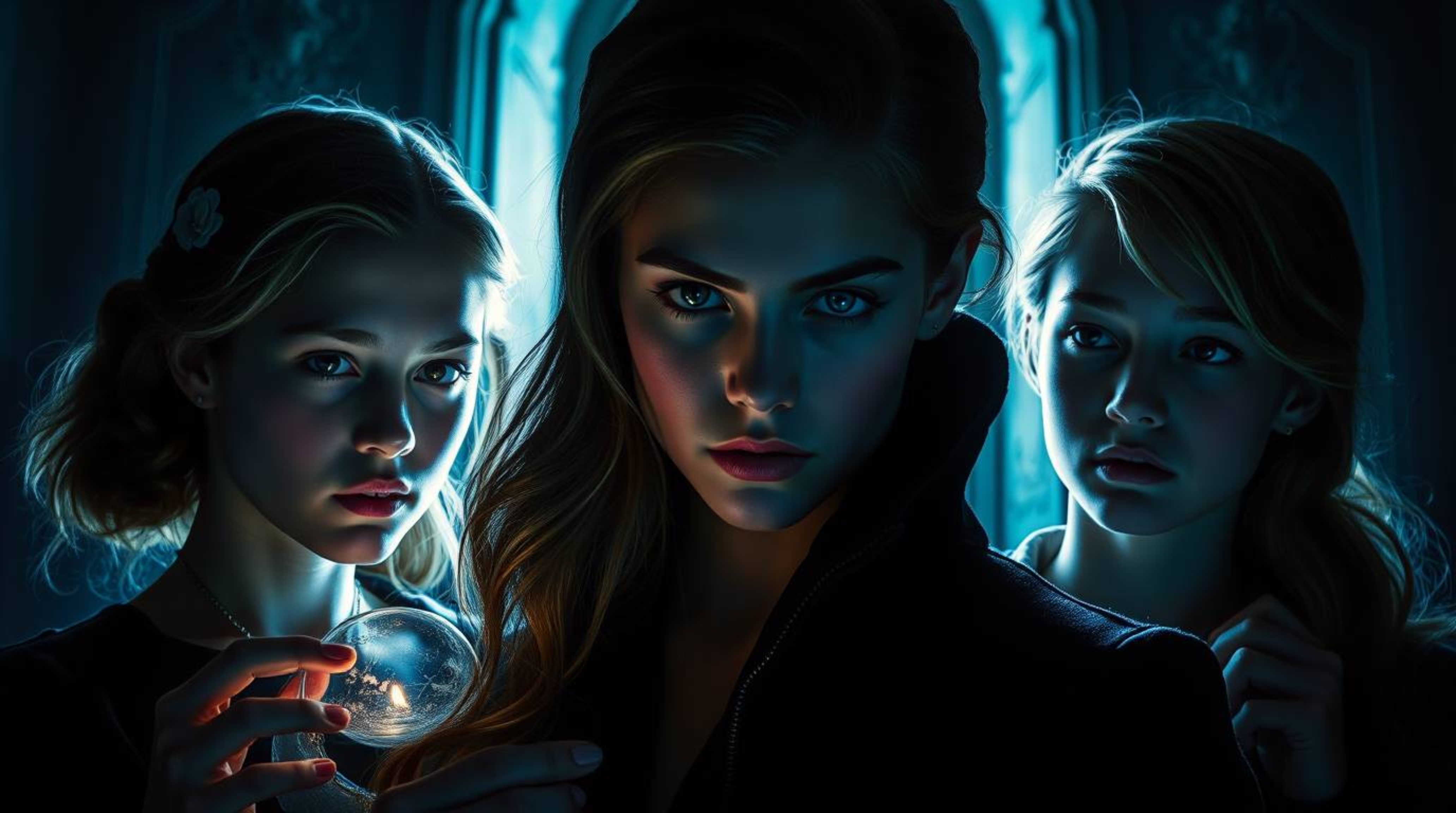 Dive into a world of mystery and elegance with this chiaroscuro portrait depicting refined teenagers solving mysteries within
