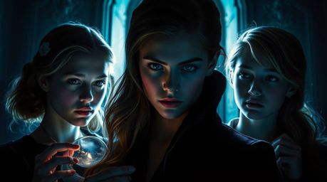 Dive into a world of mystery and elegance with this chiaroscuro portrait depicting refined teenagers solving mysteries within