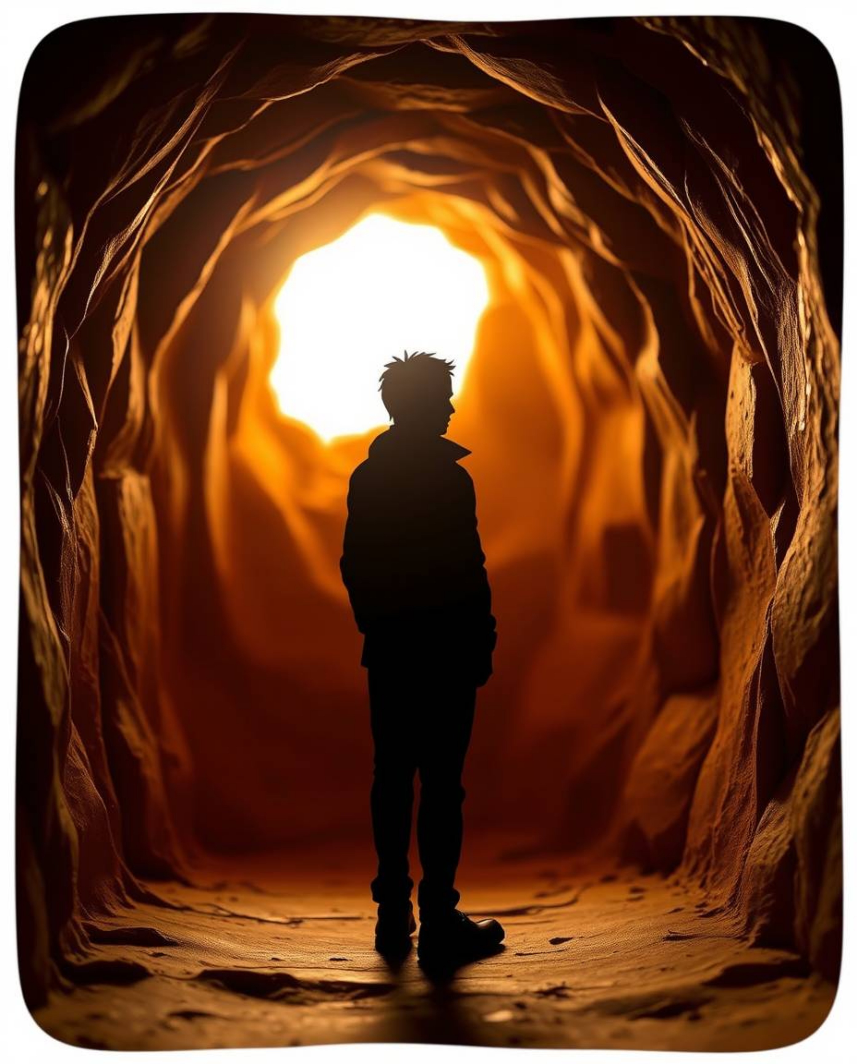A silhouetted figure stands at the edge of a tunnel, enveloped in warm golden light, reminiscent of a sculptural clay art pie