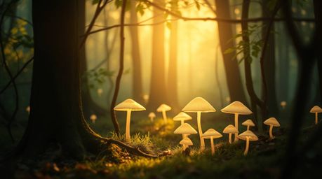 Escape to a serene vintage-style enchanted forest bathed in soft, gentle light.  Glowing mushrooms illuminate the scene, cast