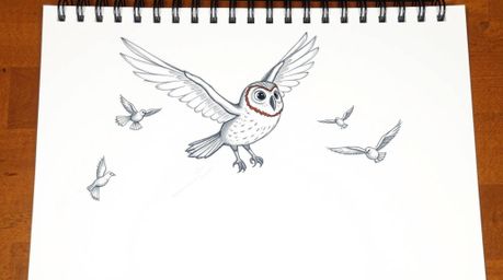 A captivating, Pixar-style hand-drawn sketch depicts a heartwarming scene: a blind owl, defying limitations, guides birds in 