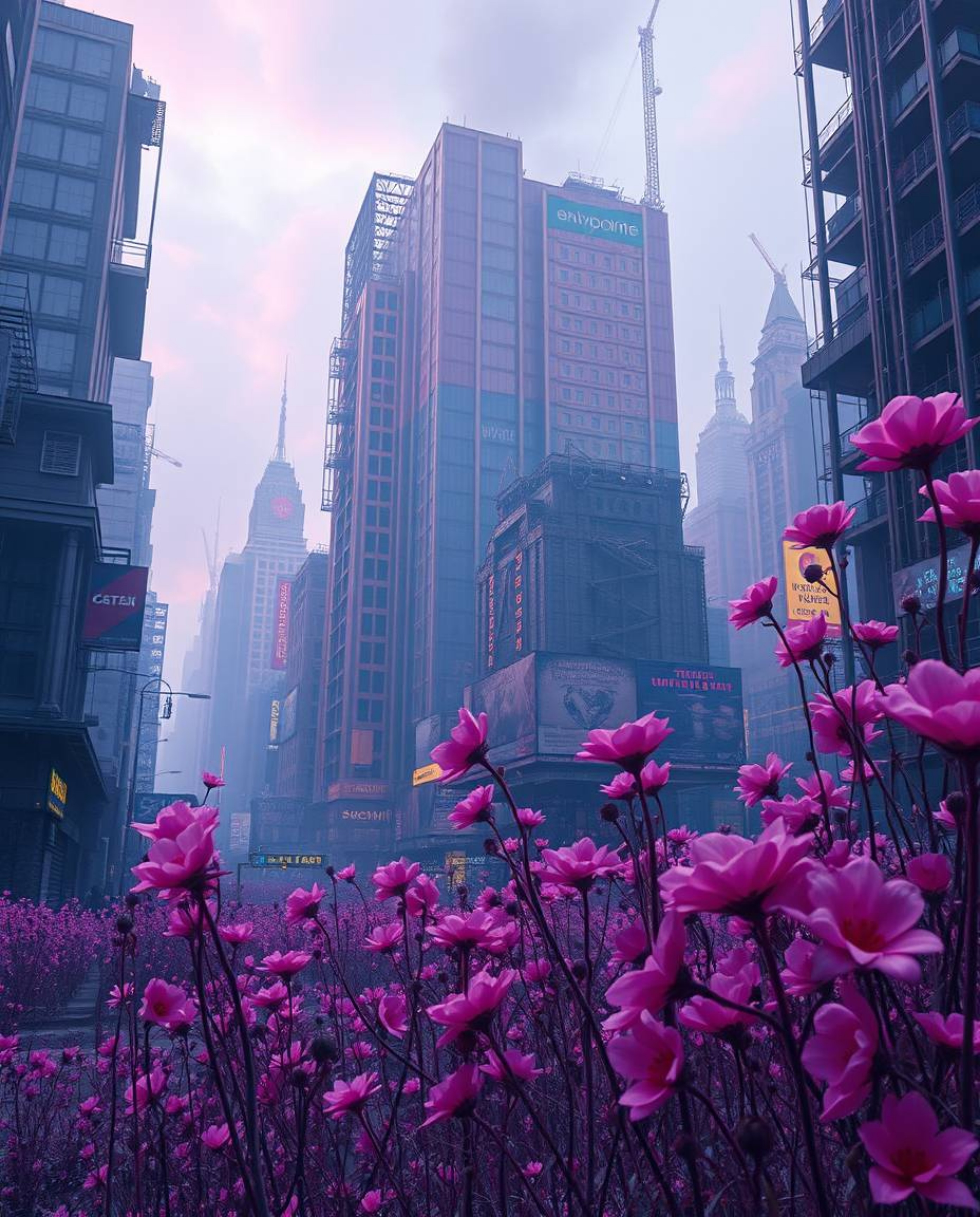 Explore a visually stunning and unique post-apocalyptic city scene where flowers bloom amidst the ruins, captured with surrea