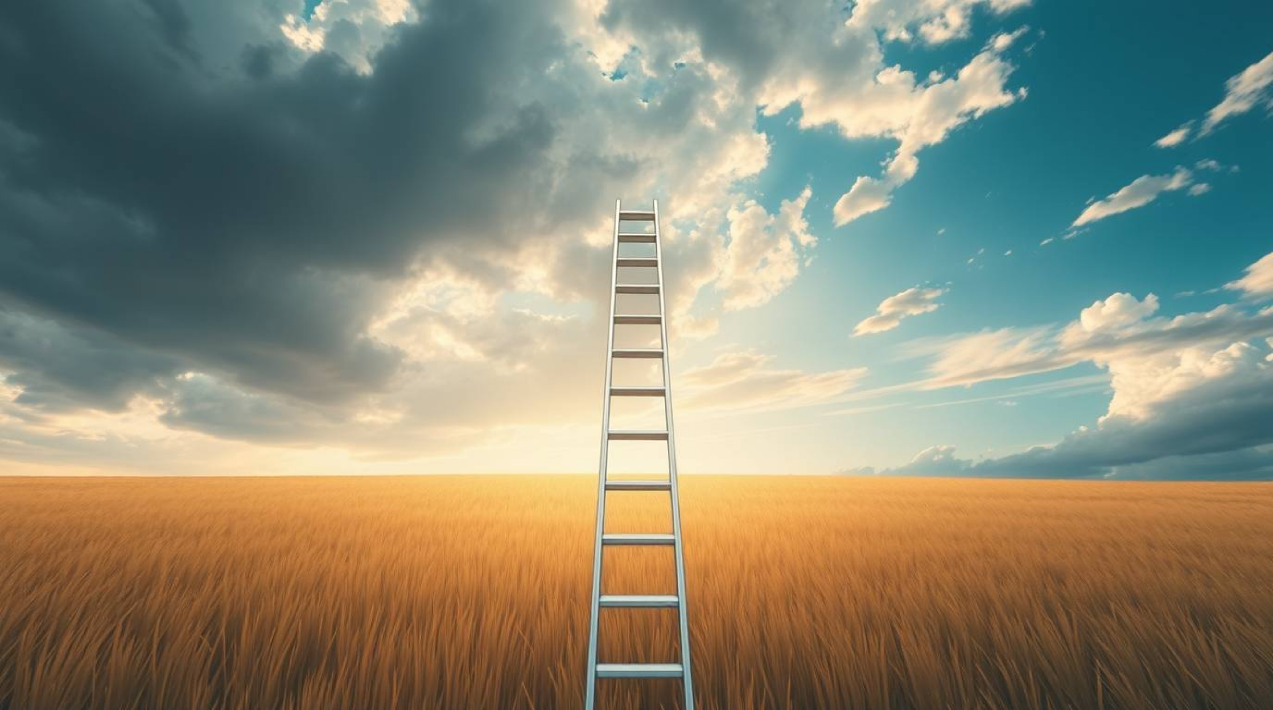 A minimalist scene featuring a silver ladder in an open field under a cloudy sky, rendered in an Isekai anime style from a hi