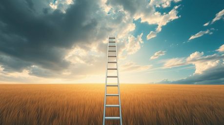 A minimalist scene featuring a silver ladder in an open field under a cloudy sky, rendered in an Isekai anime style from a hi