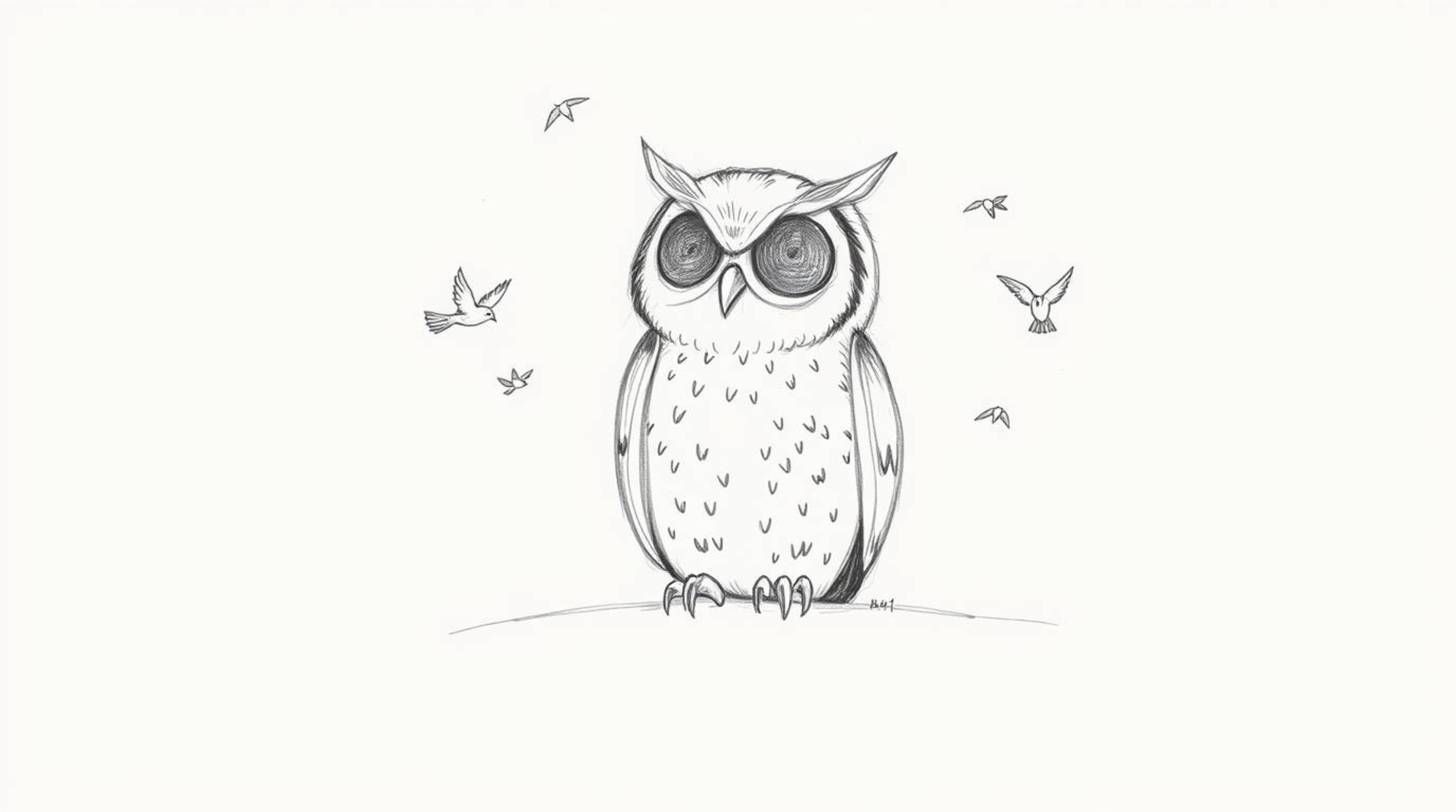 A hand-drawn sketch in Pixar style depicts a blind owl, calmly seated on a white background as small birds gently orbit aroun