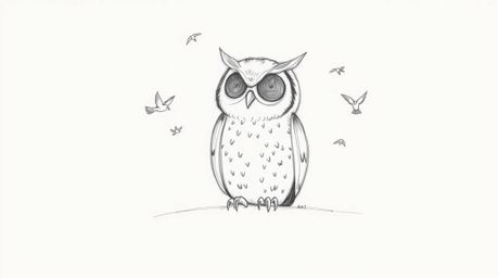 A hand-drawn sketch in Pixar style depicts a blind owl, calmly seated on a white background as small birds gently orbit aroun