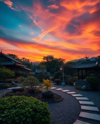 A professional fine art photograph showcasing a sunset over a serene Zen garden with electric vivid colors, soft contrast, an
