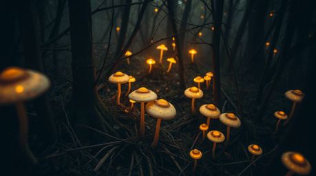 Discover a captivating high-angle photograph of a vintage-style enchanted forest, featuring glowing mushrooms and soft, warm 