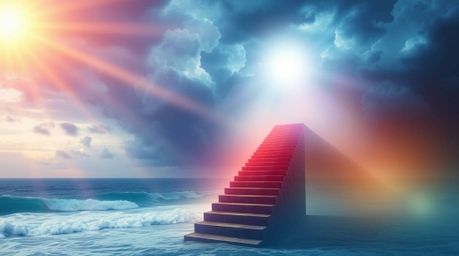 Experience an ethereal and spiritual vibe in this artwork featuring a dramatic staircase emerging from the ocean and ascendin