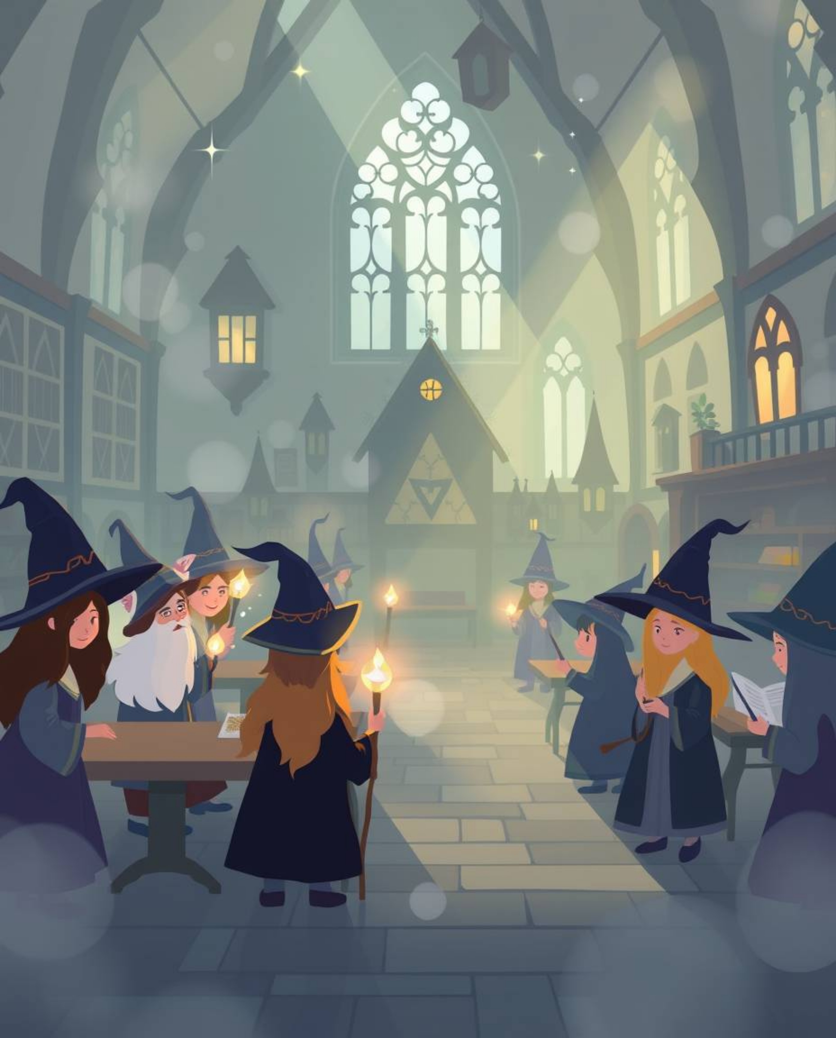 Discover a charming illustration of a magical school brimming with young wizards.  Rendered in a modern flat design style, th
