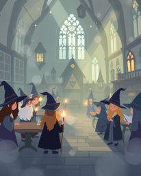 Discover a charming illustration of a magical school brimming with young wizards.  Rendered in a modern flat design style, th