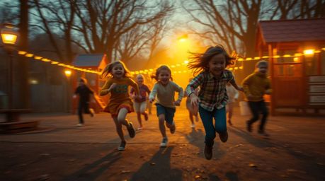 Experience a dramatic slow-motion run through a playground, rendered in the style of a classic oil painting.  Warm candleligh