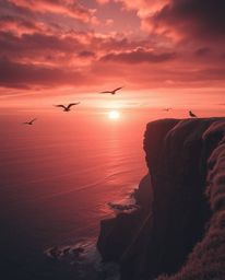 An intense and surreal depiction of a sunset over a coastal cliff, brought to life with dramatic lighting and otherworldly in