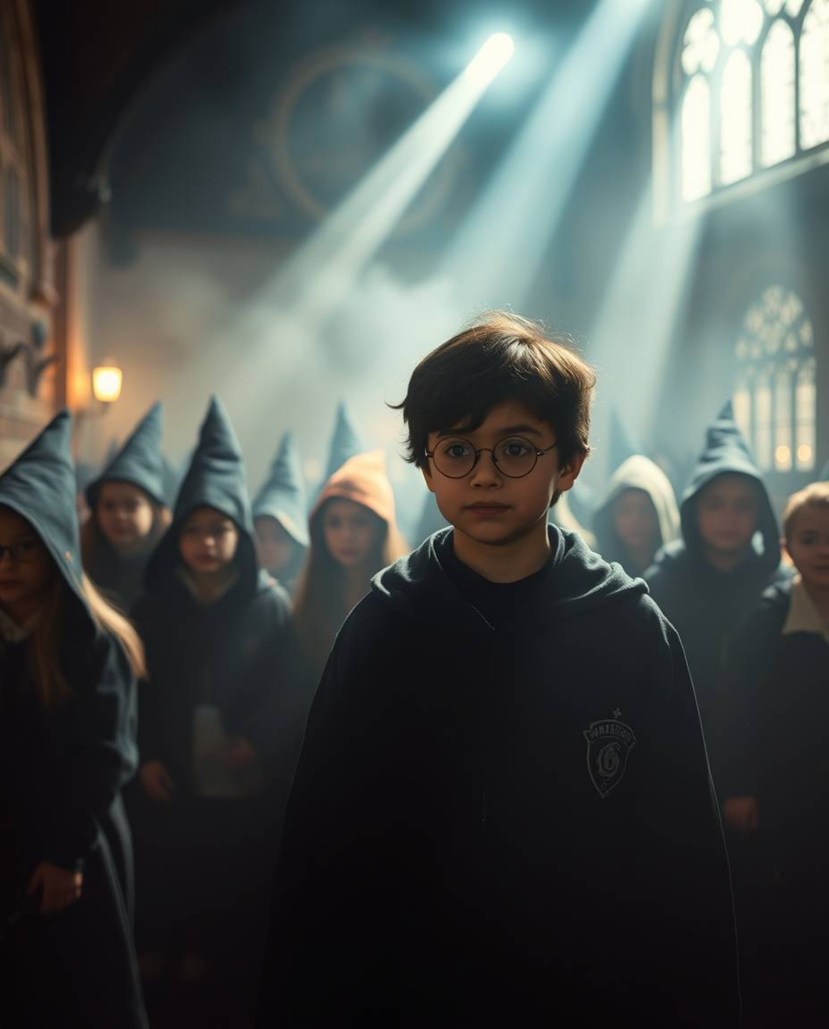 Experience the enchanting atmosphere of a magical school bathed in volumetric lighting, where beams pierce through dust and f