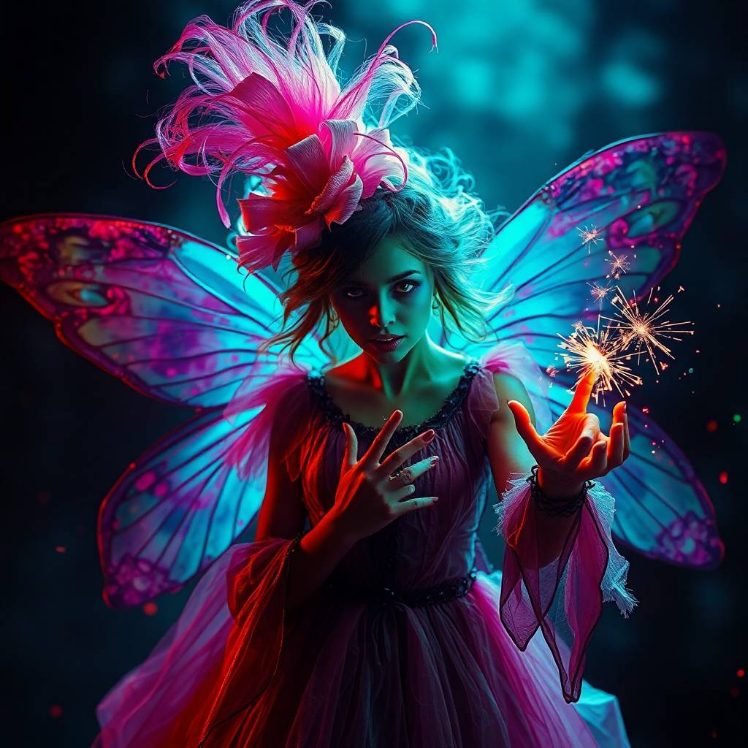 A scene filled with bright and vibrant colors, yet possessing an eerie and creepy atmosphere, is illuminated by strong, hard