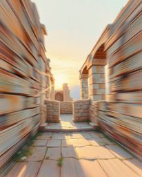A dynamic pastel painting uses blurred lines to depict sunset shadows moving through ancient stone ruins. This artwork captur