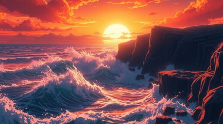 Experience a breathtaking scene in Isekai anime style, featuring intense dramatic lighting that highlights waves crashing aga