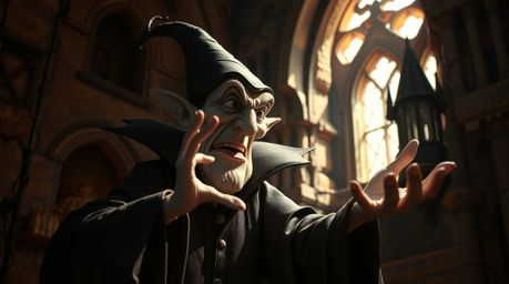 A classic Disney villain with exaggerated features and pale skin is casting a spell in an old castle under strong, hard light