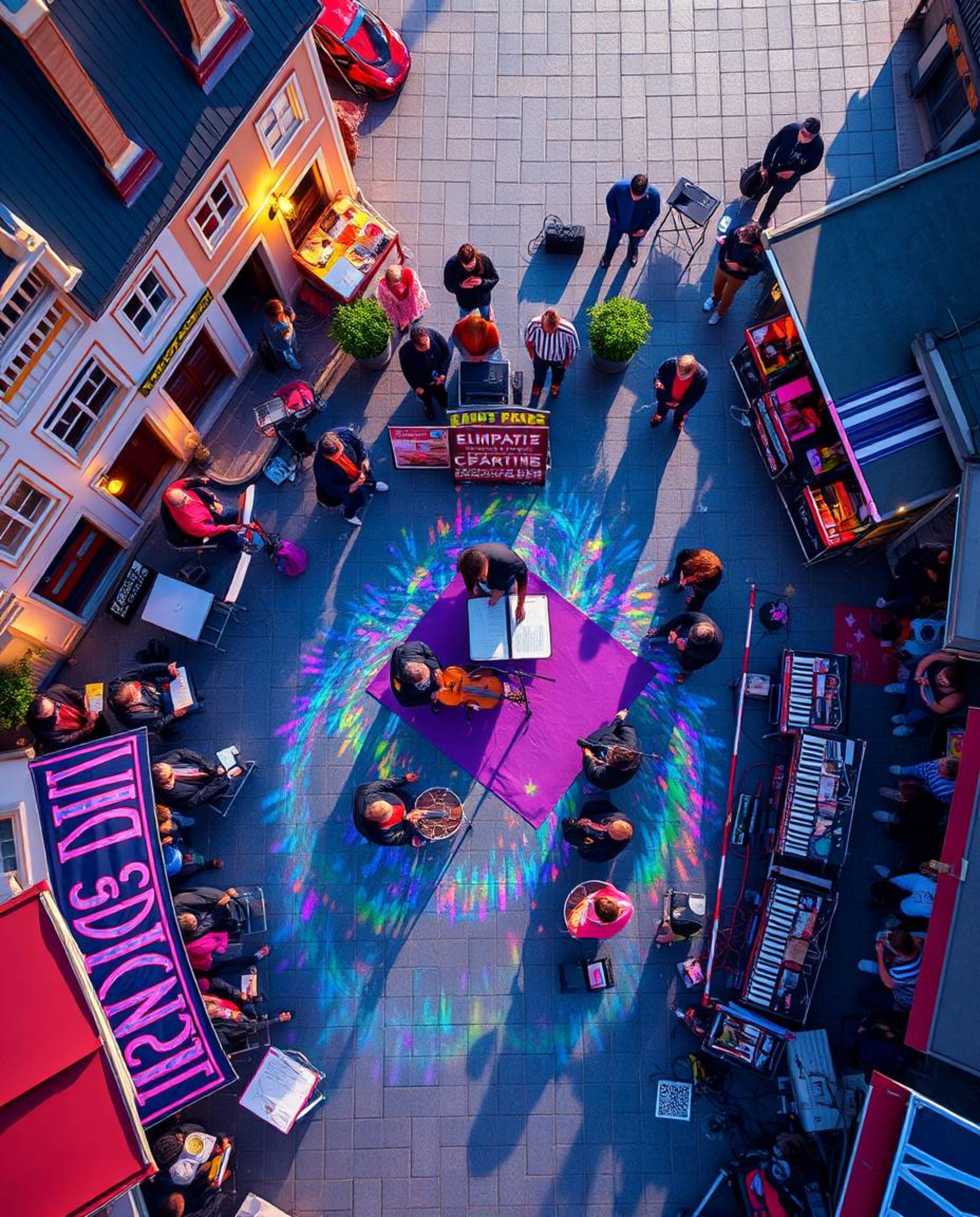 Experience a captivating overhead shot of a dynamic musical number unfolding in a brightly lit town square. The scene bursts