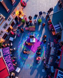 Experience a captivating overhead shot of a dynamic musical number unfolding in a brightly lit town square.  The scene bursts