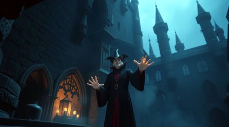A classic Disney villain casts a captivating spell within the aged walls of an old castle. Captured from a dramatic low angle