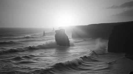 A classic black and white image captures waves crashing dramatically on cliffs under a blazing sunset sky, enhanced by stunni