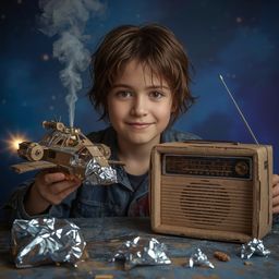 Experience a captivating high-fashion photography piece showcasing a young boy with bright, curious eyes and fair skin, immer