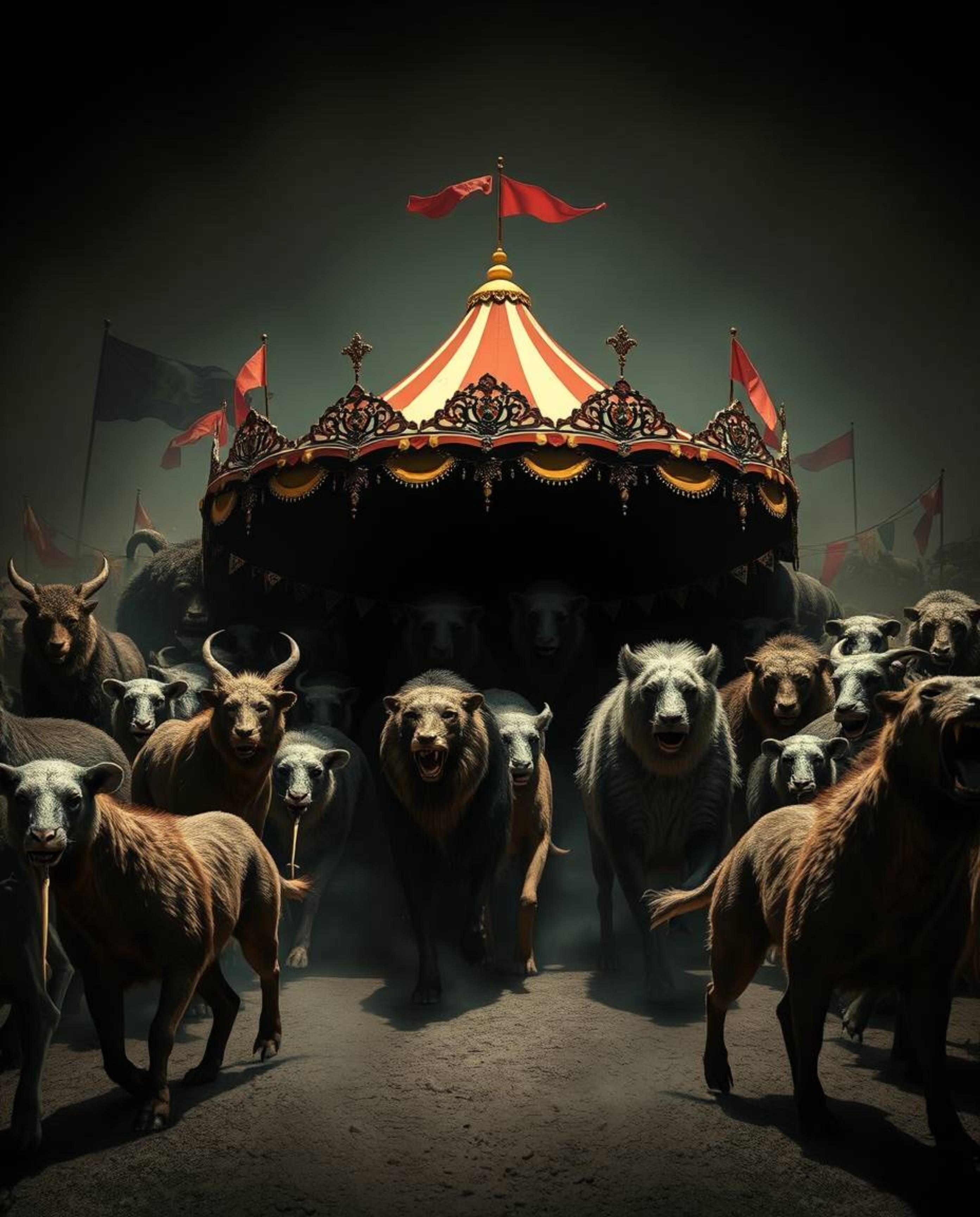 A surreal carnival scene where the festive atmosphere has been overrun by wild animals. The image features smooth gradient tr