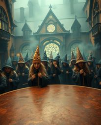 Explore a captivating magical school brimming with young wizards, showcasing an antique bronze surface adorned with a beautif