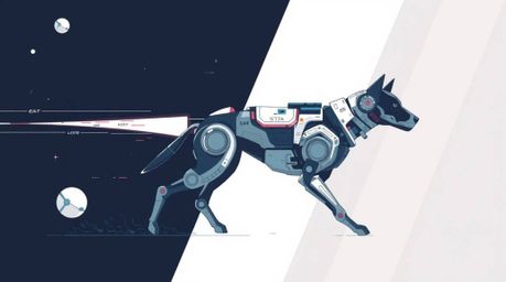 Explore a futuristic sci-fi scene with a split composition showcasing a dog autonomously walking in space amidst advanced tec