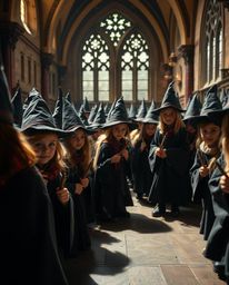 A professional, fine art photograph capturing the essence of a magical school teeming with young wizards. This extreme macro 