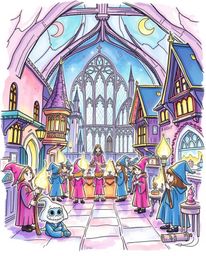 Explore a hand-drawn sketch of a magical school teeming with young wizards, rendered in a colorful sketchnote style. Immerse 