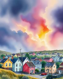 A captivating watercolor illustration depicts a sleepy town featuring pastel-colored houses under a dramatic, stormy sky.  Vi