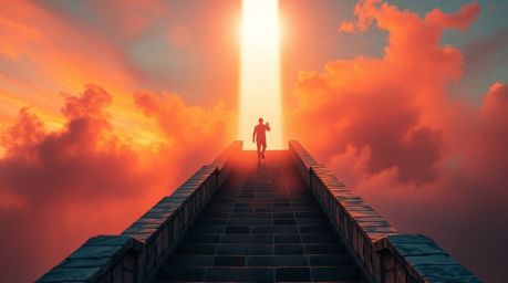 A solitary figure ascends a stone staircase bathed in a divine light beam, enveloped by smoke and a breathtaking sunset. This