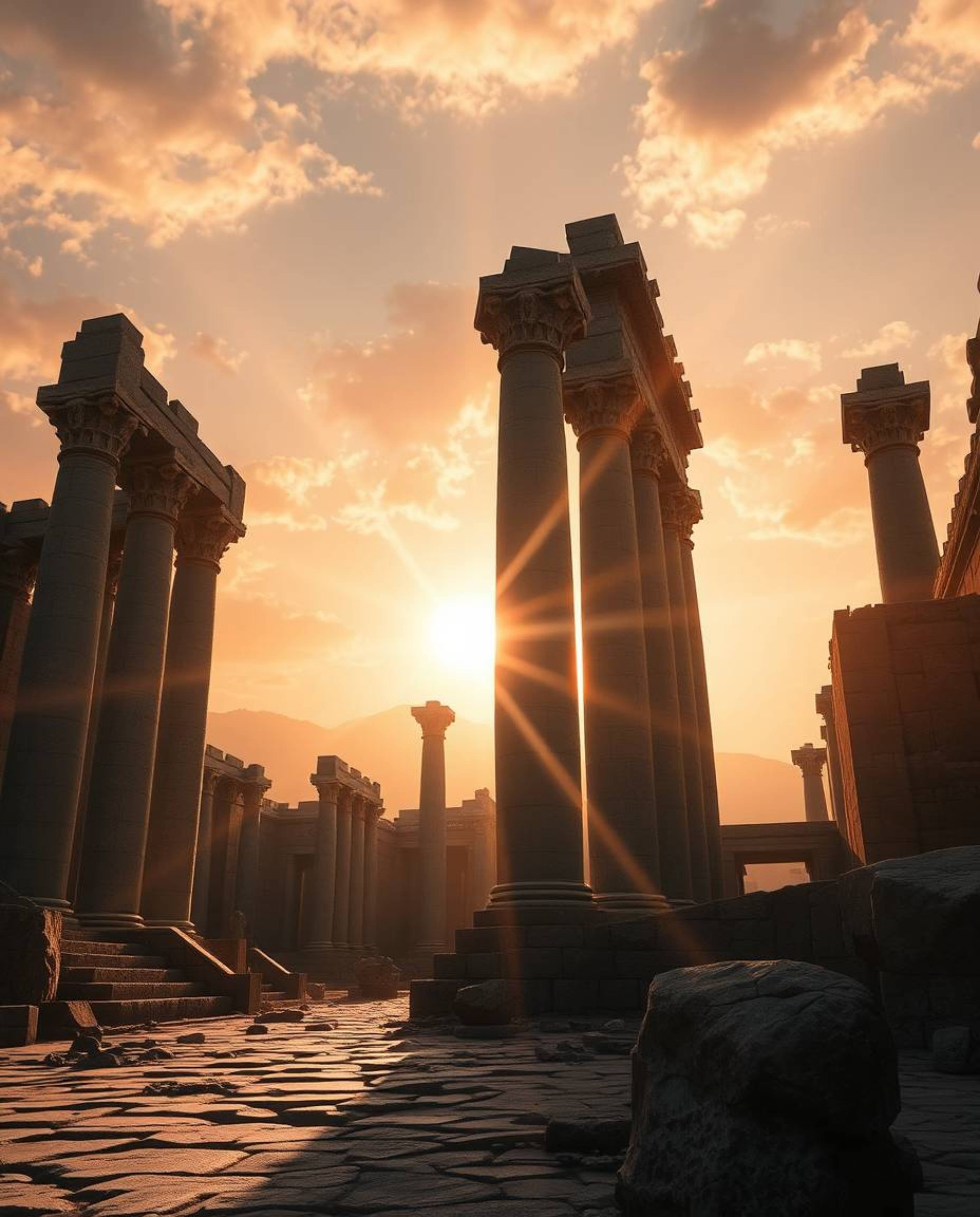 A high-resolution, professional-quality stock photo capturing an epic and grand scene of ancient stone ruins at sunset. This