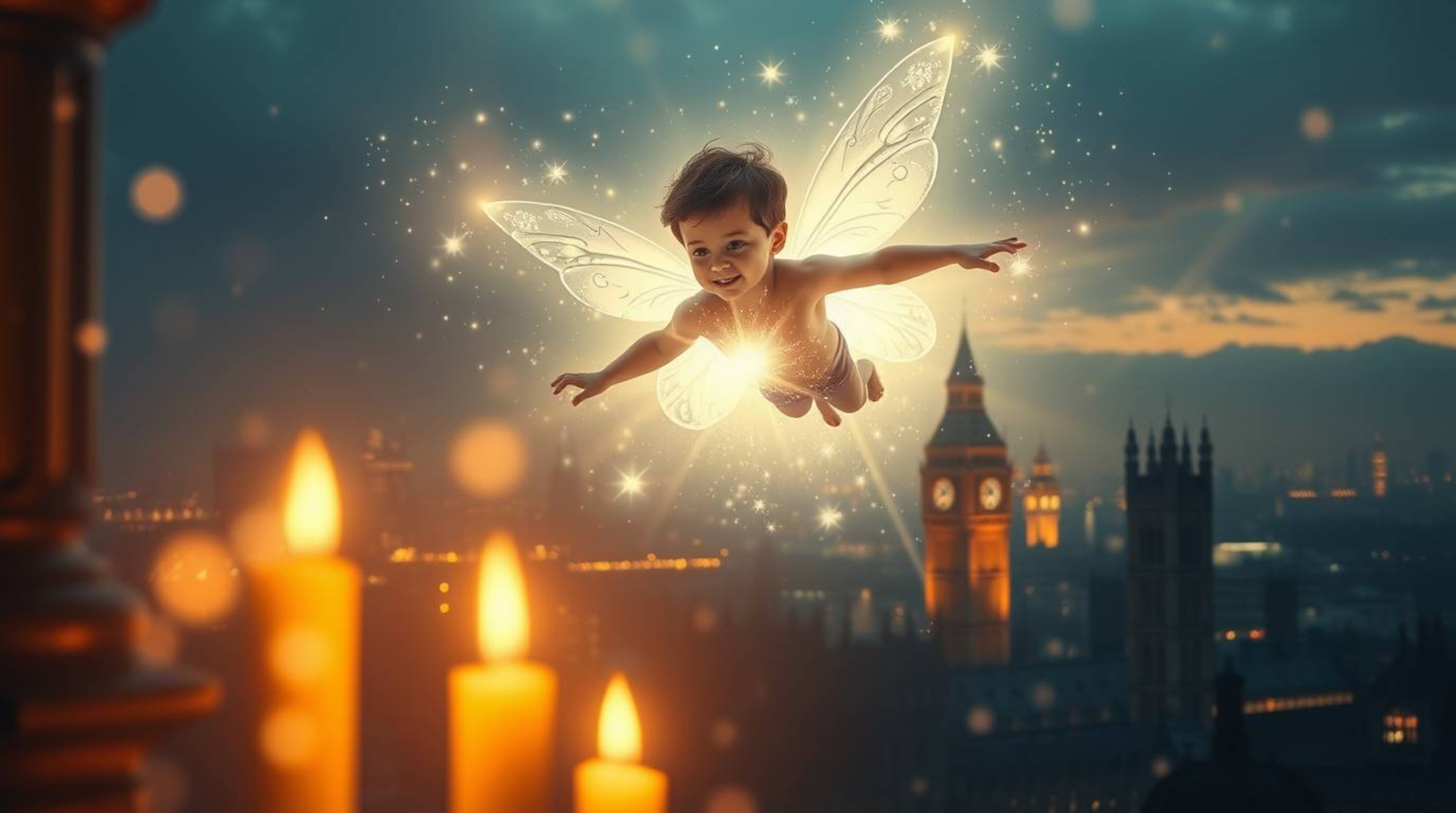 A young boy, radiating a soft light aura, takes flight above London, his path illuminated by sparkling pixie dust imbued with